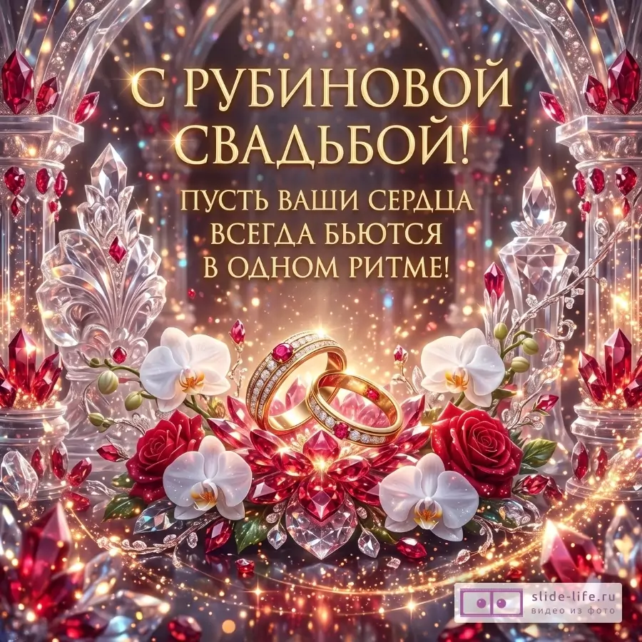 Золотой текст «С РУБИНОВОЙ СВАДЬБОЙ! ПУСТЬ ВАШИ СЕРДЦА ВСЕГДА БЬЮТСЯ В ОДНОМ РИТМЕ!» на тёмно-розовом фоне, рубиновые кристаллы, кольца, розы и белые орхидеи.
