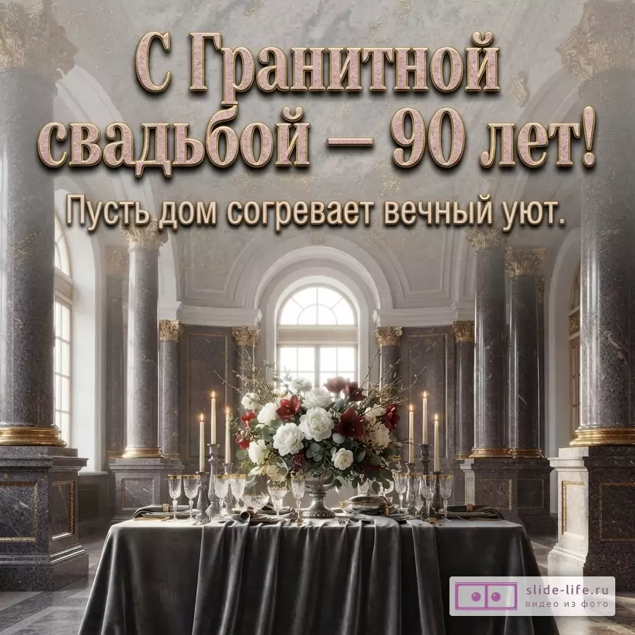 Открытка с текстом «С Гранитной свадьбой — 90 лет! Пусть дом согревает вечный уют.» На фоне светлого дворцового зала с колоннами праздничный стол и букет цветов.