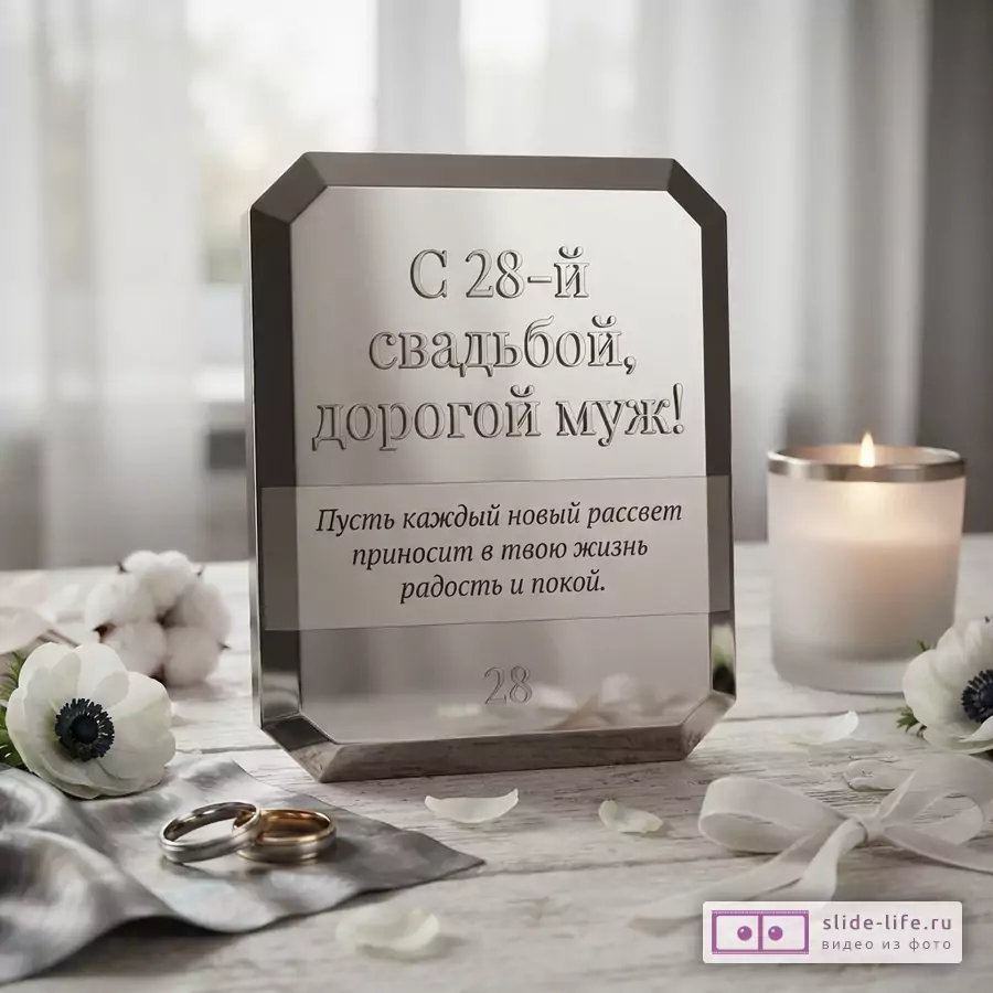 Серебристая табличка с надписью «С 28-й свадьбой, дорогой муж! Пусть каждый новый рассвет приносит в твою жизнь радость и покой.» и числом 28. Рядом обручальные кольца, белые цветы, свеча.
