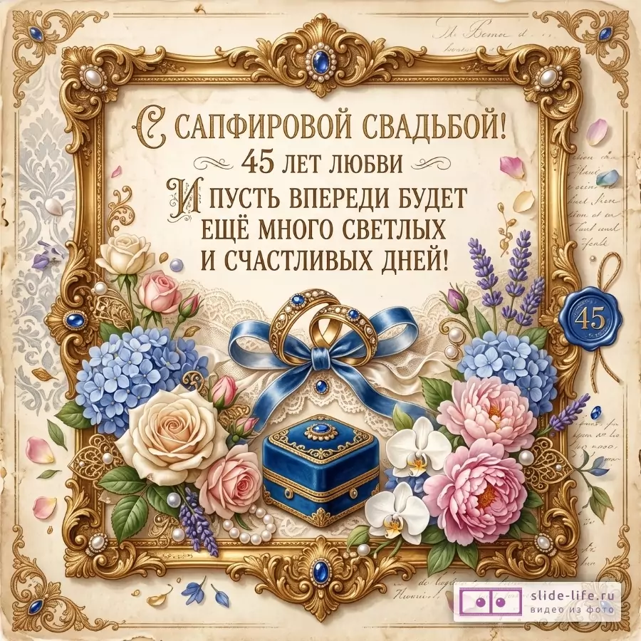 Бежевый фон с золотой рамкой, синим бантом, сапфировой шкатулкой и цветами. Текст: «С САПФИРОВОЙ СВАДЬБОЙ! 45 ЛЕТ ЛЮБВИ И ПУСТЬ ВПЕРЕДИ БУДЕТ ЕЩЁ МНОГО СВЕТЛЫХ И СЧАСТЛИВЫХ ДНЕЙ!»