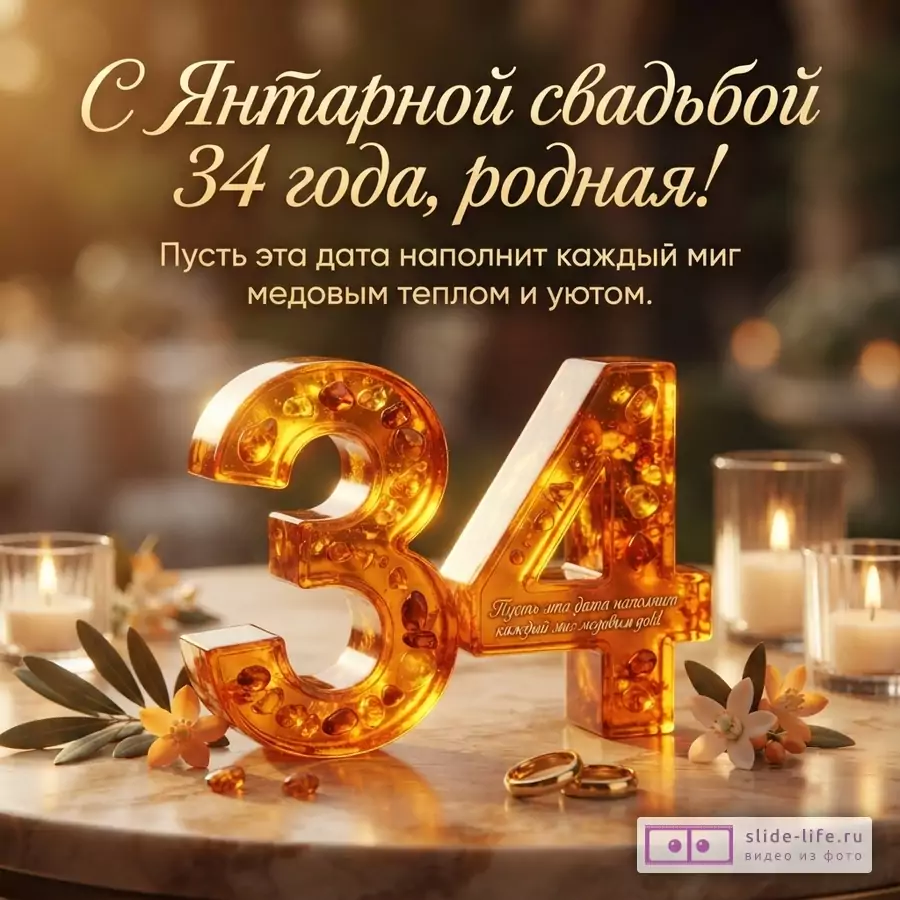 Фон размытый, теплые оттенки. В центре крупные янтарные цифры «34». Рядом обручальные кольца, свечи, цветы и листья. Текст: «С Янтарной свадьбой 34 года, родная! Пусть эта дата наполнит каждый миг медовым теплом и уютом.»