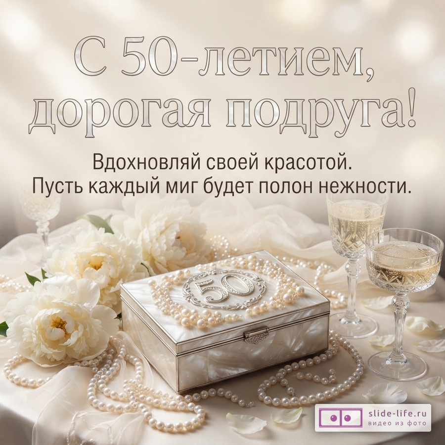 Открытка бежевого цвета с размытыми бликами, на переднем плане белая шкатулка с жемчугом и цифрой 50, белые пионы, жемчужные бусы, два бокала с шампанским. Текст: «С 50-летием, дорогая подруга! Вдохновляй своей красотой. Пусть каждый миг будет полон нежности.»