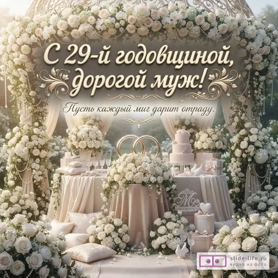Бежевый фон, свадебная арка из белых роз, столы с белыми розами, свадебный торт, обручальные кольца. Текст: «С 29-й годовщиной, дорогой муж! Пусть каждый миг дарит отраду.»