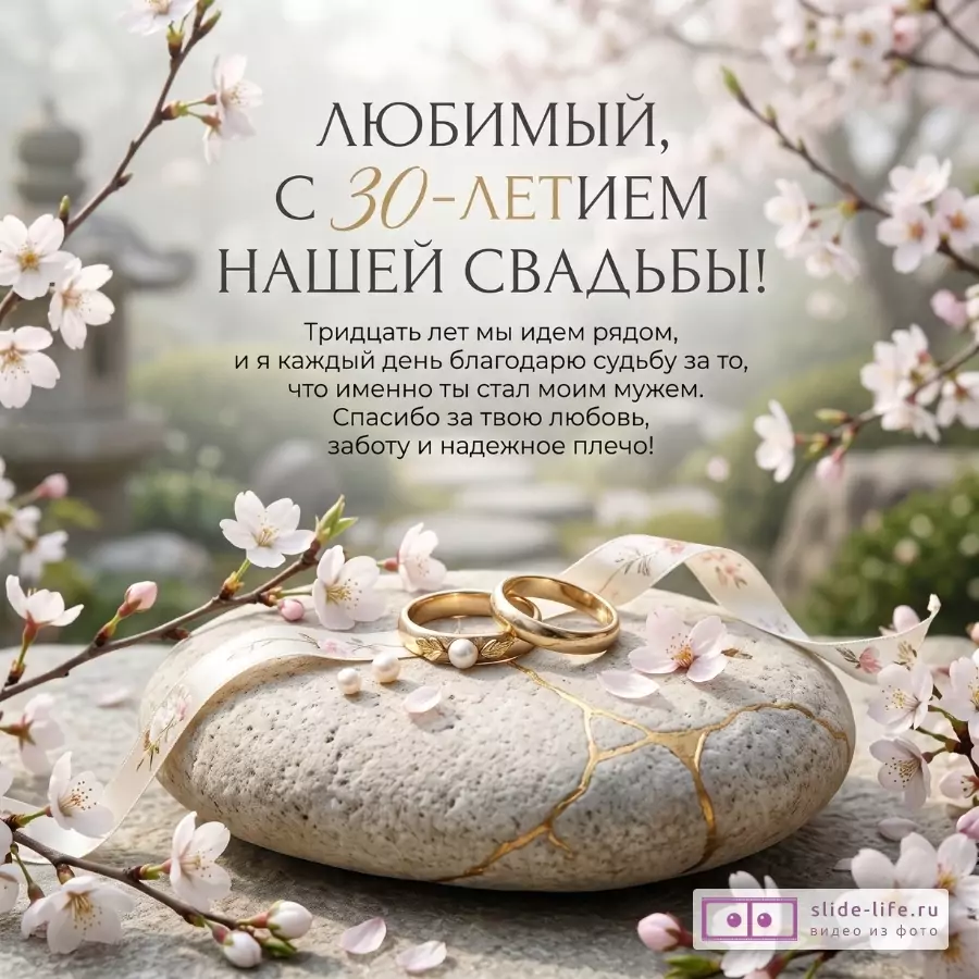 Светлый размытый фон, ветви цветущей сакуры, два золотых кольца на камне с жемчужинами и лентой. Текст: «Любимый, с 30-летием нашей свадьбы!»