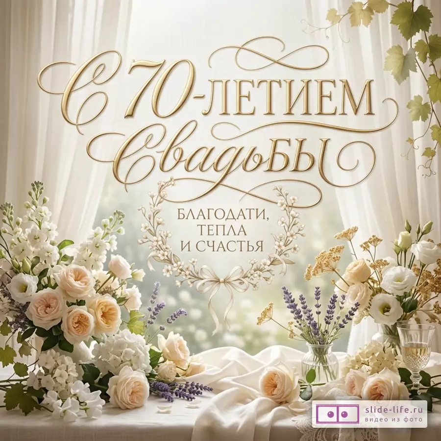 Светлый фон с белыми шторами, золотая каллиграфическая надпись «С 70-летием Свадьбы», текст «БЛАГОДАТИ, ТЕПЛА И СЧАСТЬЯ», цветы, розы, лаванда, вазы, бокал