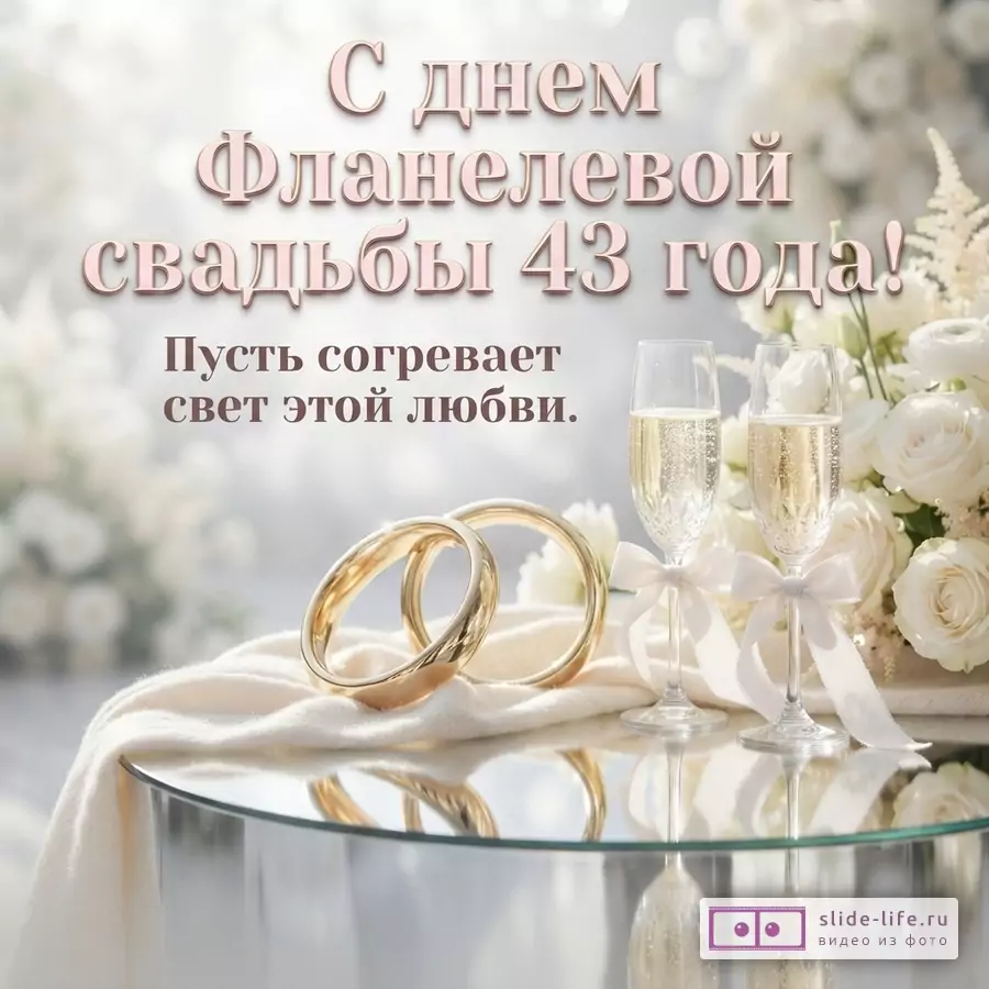 Белый фон, розовый крупный текст «С днем Фланелевой свадьбы 43 года!», ниже серый текст «Пусть согревает свет этой любви.», внизу белые цветы, золотые кольца, бокал шампанского и зеркальная поверхность.