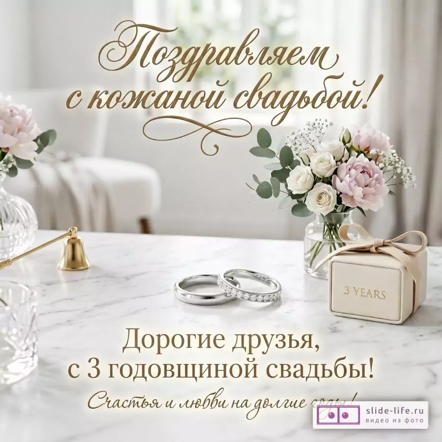 Бело-бежевый фон, стол, букет цветов, кольца, коробка «3 YEARS», текст «Поздравляем с кожаной свадьбой! Дорогие друзья, с 3 годовщиной свадьбы! Счастья и любви на долгие годы!»