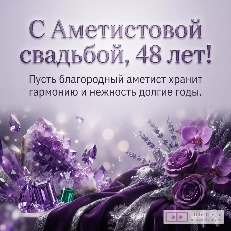 Фиолетовый фон с бликами, фиолетовые кристаллы аметиста, фиолетовые розы и орхидеи. Текст: «С Аметистовой свадьбой, 48 лет! Пусть благородный аметист хранит гармонию и нежность долгие годы.»