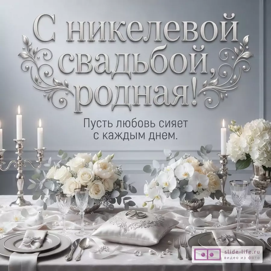Стол с белой скатертью, сервированный для торжества, с белыми цветами, свечами в подсвечниках, бокалами и тарелками. На переднем плане серебряная рамка для фото и подушечка для колец. Текст: «С никелевой свадьбой, родная! Пусть любовь сияет с каждым днем.»
