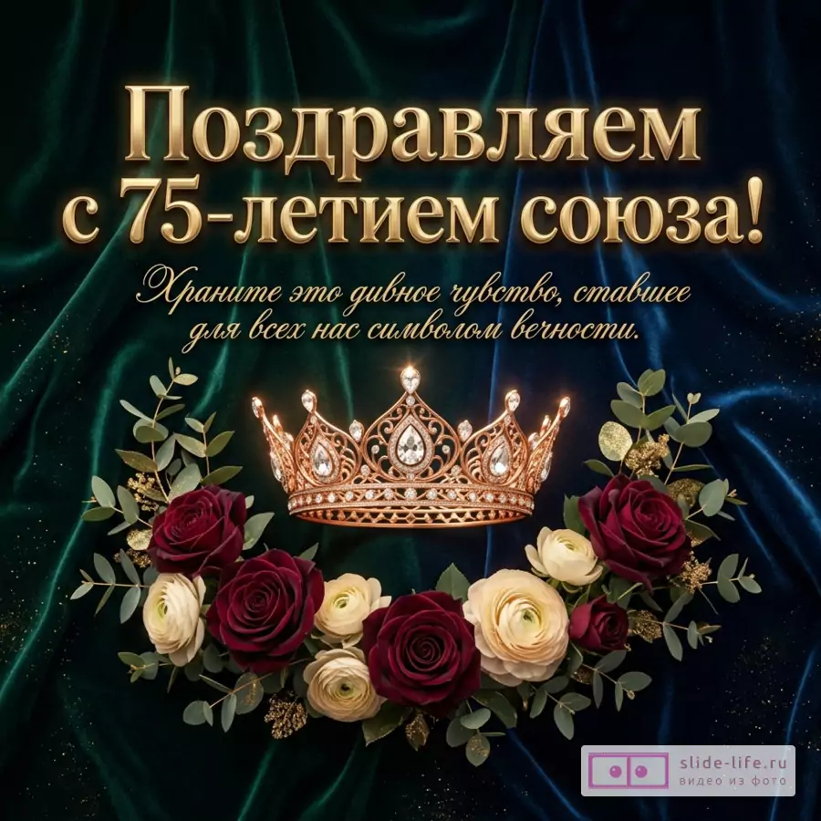 Золотая корона и бордовые розы на темно-зеленом бархате с надписью «Поздравляем с 75-летием союза! Храните это дивное чувство, ставшее для всех нас символом вечности.»