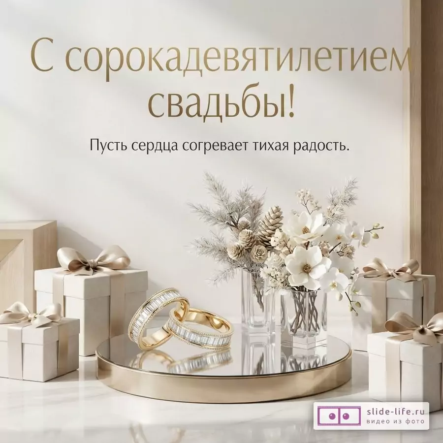Бежевый фон, золотые буквы, два золотых кольца с бриллиантами, букет цветов, подарочные коробки. Текст: «С сорокадевятилетием свадьбы! Пусть сердца согревает тихая радость.»