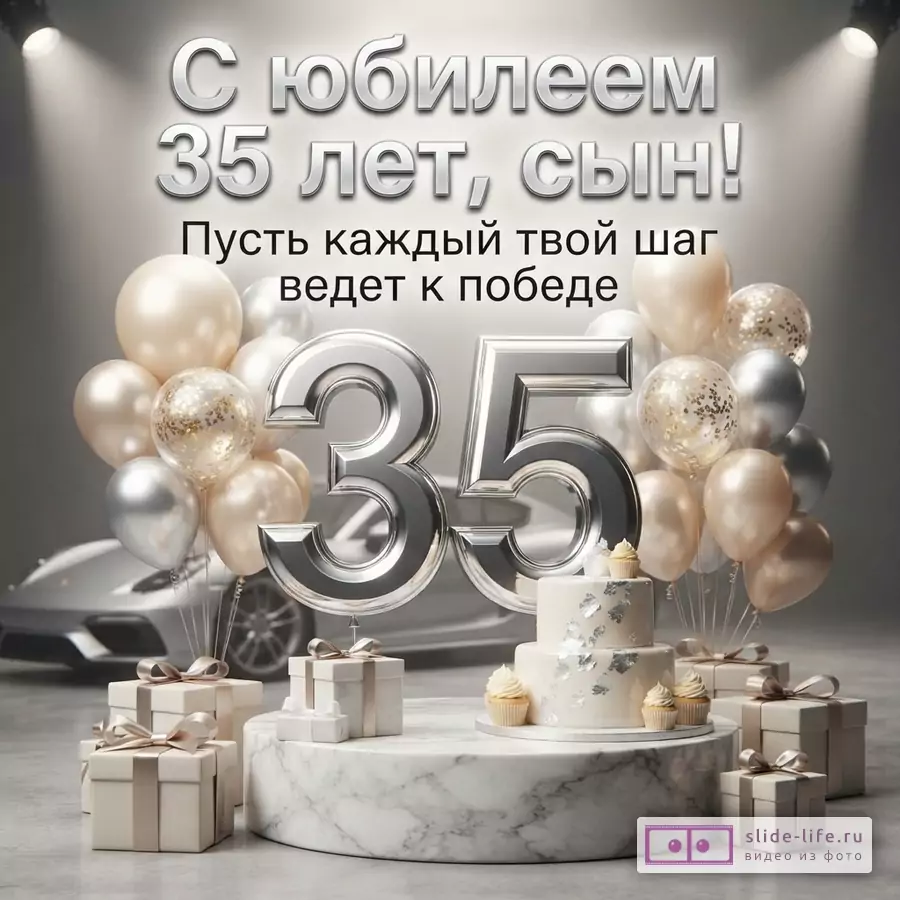 Объемные серебряные цифры 35, торт на подиуме, подарки и воздушные шары на фоне спорткара с надписью «С юбилеем 35 лет, сын! Пусть каждый твой шаг ведет к победе».