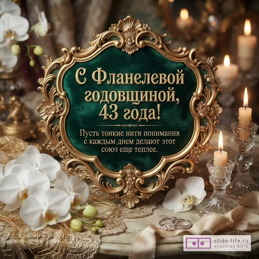 Золотая рамка на темно-зеленом фоне, белые орхидеи, свечи, обручальные кольца. Текст: «С Фланелевой годовщиной, 43 года! Пусть тонкие нити понимания с каждым днем делают этот союз еще теплее.»