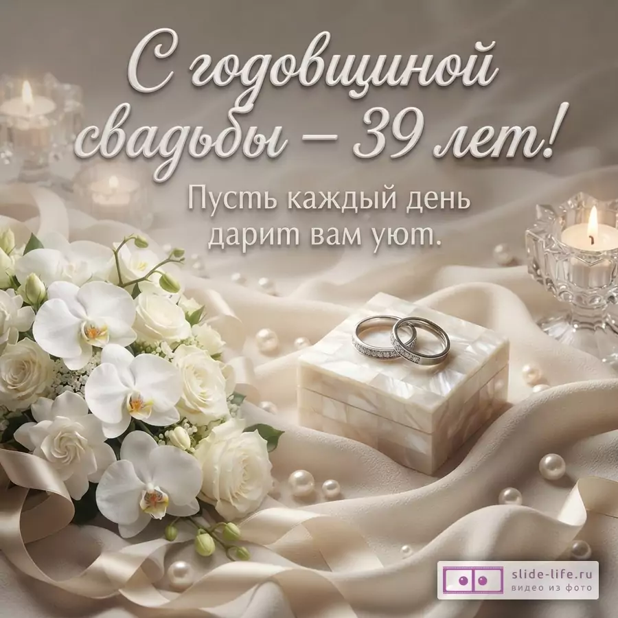 Бежевый фон, букет белых роз и орхидей, атласные ленты, жемчуг, шкатулка с обручальными кольцами, свечи. Текст: «С годовщиной свадьбы – 39 лет! Пусть каждый день дарит вам уют.»