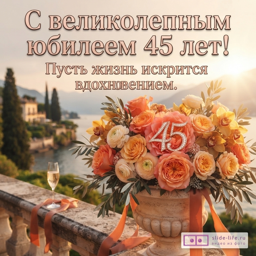 Открытка с букетом оранжевых и кремовых роз в вазе, на фоне озера и гор. На букете цифра «45». На переднем плане бокал шампанского. Текст: «С великолепным юбилеем 45 лет! Пусть жизнь искрится вдохновением.»