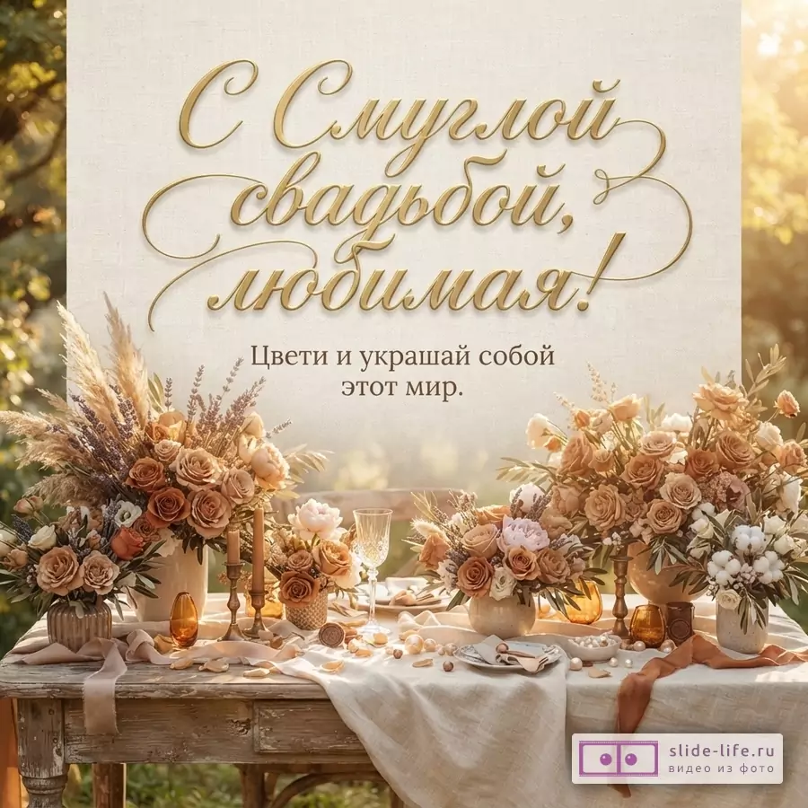 Текст «С Смуглой свадьбой, любимая! Цвети и украшай собой этот мир.» на светлом фоне, цветочные композиции, сервированный стол, теплые бежево-золотые оттенки.