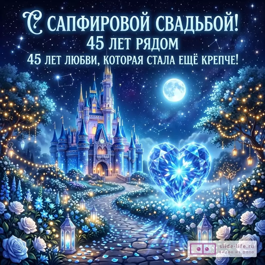 Ночной синий фон, замок, светящееся сапфировое сердце, цветы и фонари; текст «С САПФИРОВОЙ СВАДЬБОЙ! 45 ЛЕТ РЯДОМ 45 ЛЕТ ЛЮБВИ, КОТОРАЯ СТАЛА ЕЩЁ КРЕПЧЕ!»