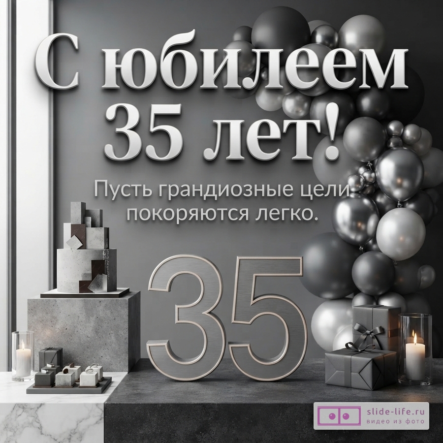 Объемные цифры 35, торт, подарки и гирлянда из серых и серебристых шаров с надписью «С юбилеем 35 лет! Пусть грандиозные цели покоряются легко.»