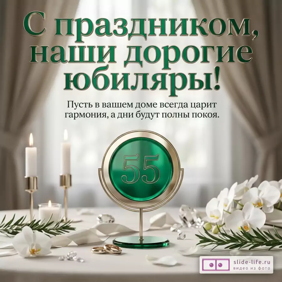 Открытка с текстом «С праздником, наши дорогие юбиляры! Пусть в вашем доме всегда царит гармония, а дни будут полны покоя.» зеленая цифра «55», белый фон, свечи, белые орхидеи, кольца, ленты, кристаллы