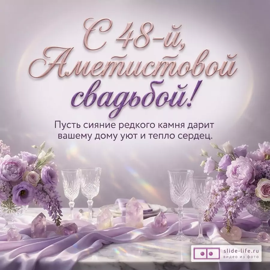 Светло-фиолетовый фон с радужными бликами, на переднем плане стол с сиреневой скатертью, цветами, бокалами и аметистовыми кристаллами. Надпись «С 48-й, Аметистовой свадьбой! Пусть сияние редкого камня дарит вашему дому уют и тепло сердец.»