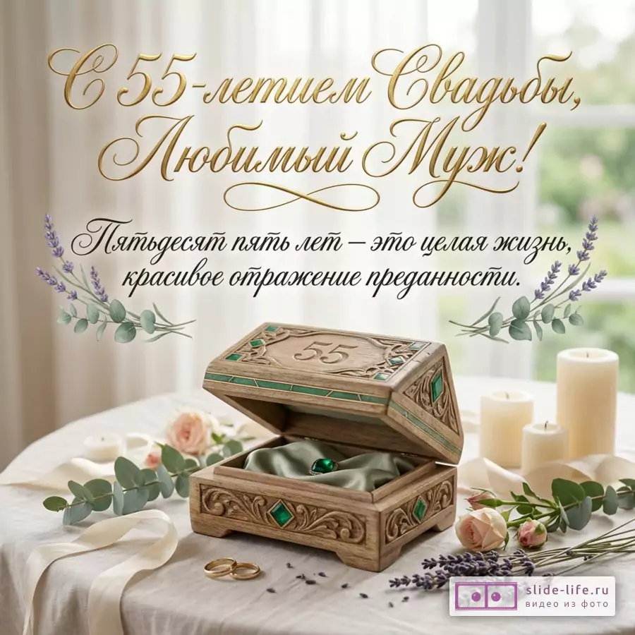 Открытка с текстом «С 55-летием Свадьбы, Любимый Муж! Пятьдесят пять лет — это целая жизнь, красивое отражение преданности.» светлый бежевый фон, деревянная шкатулка «55», кольца, свечи, розы, лаванда, эвкалипт