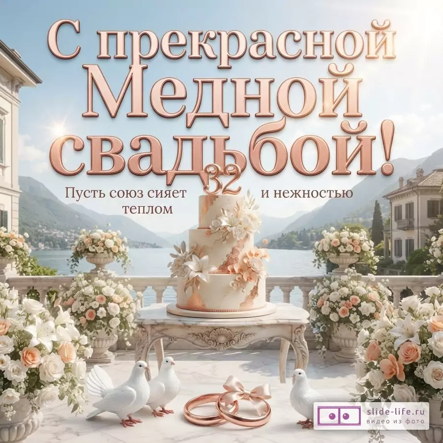 Открытка с видом на озеро и горы. На переднем плане белый мраморный балкон с цветочными вазонами, свадебным тортом, двумя обручальными кольцами и тремя белыми голубями. Текст: «С прекрасной Медной свадьбой!», «Пусть союз сияет теплом и нежностью»
