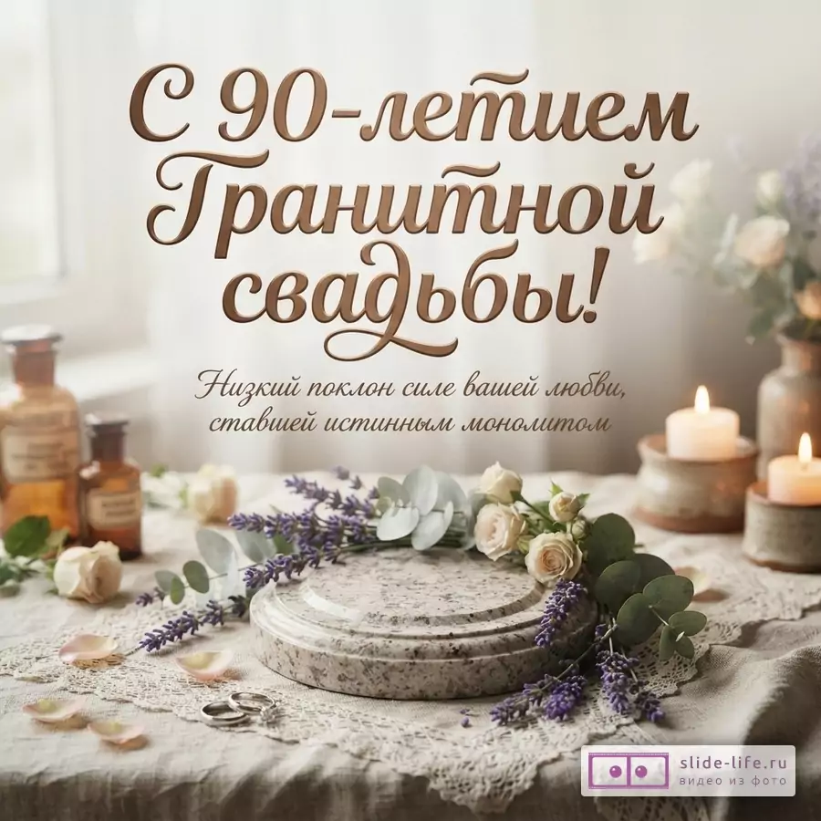 Круглый гранитный постамент с цветами и обручальными кольцами на льняной скатерти со свечами и надписью «С 90-летием Гранитной свадьбы! Низкий поклон силе вашей любви, ставшей истинным монолитом».