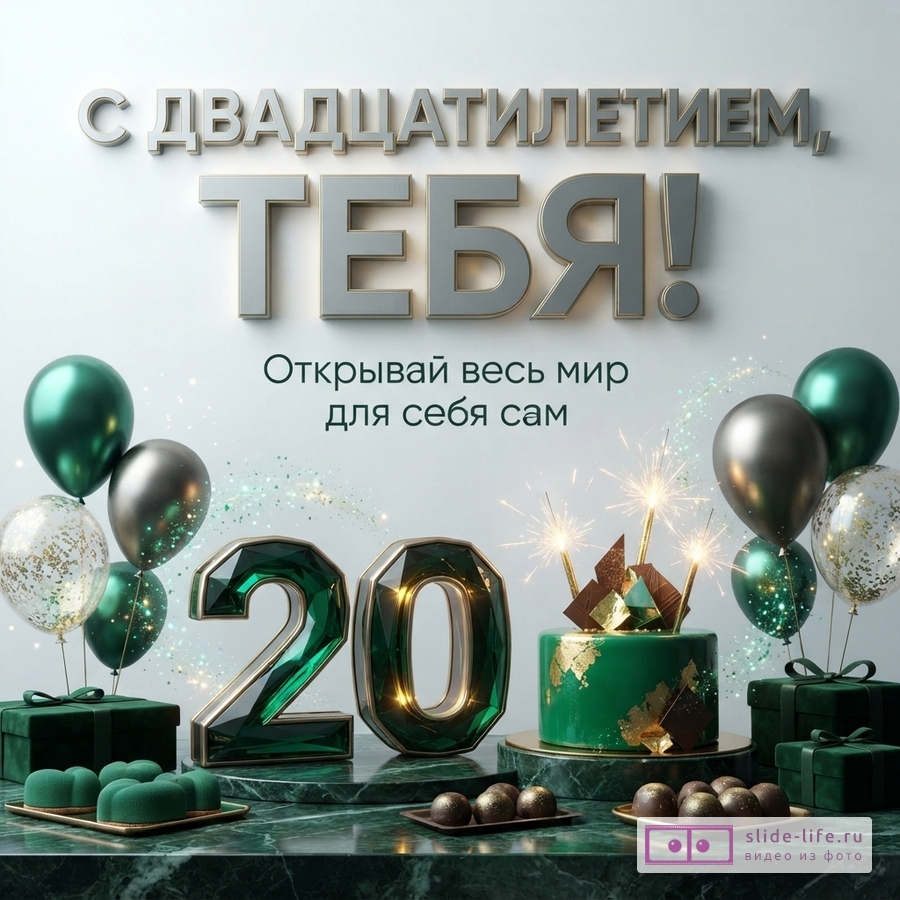 Изумрудная цифра 20, праздничный торт, сладости, подарки и воздушные шары с текстом «С двадцатилетием, парень! Открывай весь мир для себя сам».