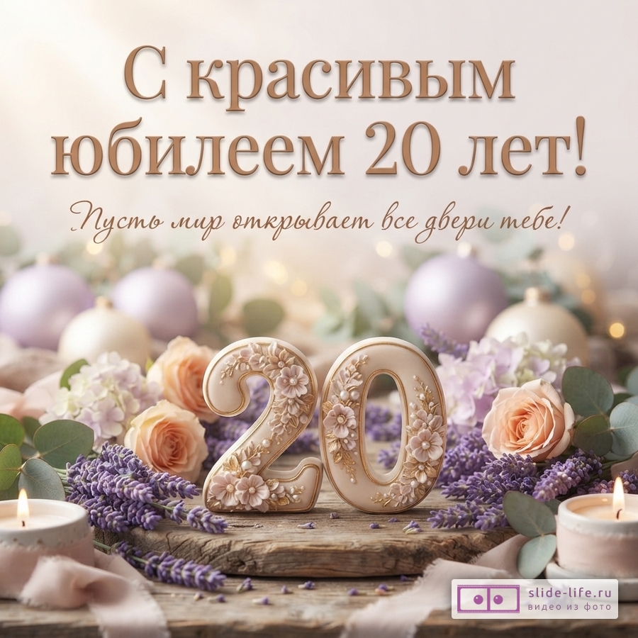 Светлый фон, на переднем плане деревянная доска, на ней объемные цифры «20» с цветочным орнаментом, лаванда, розы, свечи. На заднем плане размытые елочные шары. Текст «С красивым юбилеем 20 лет! Пусть мир открывает все двери тебе!»
