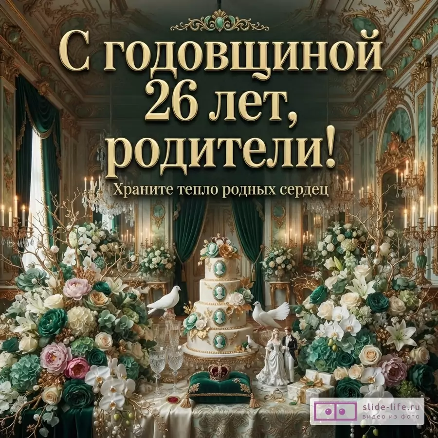 Текст «С годовщиной 26 лет, родители! Храните тепло родных сердец» на темно-зеленом фоне, праздничный зал, цветочные композиции, торт, свечи, голуби