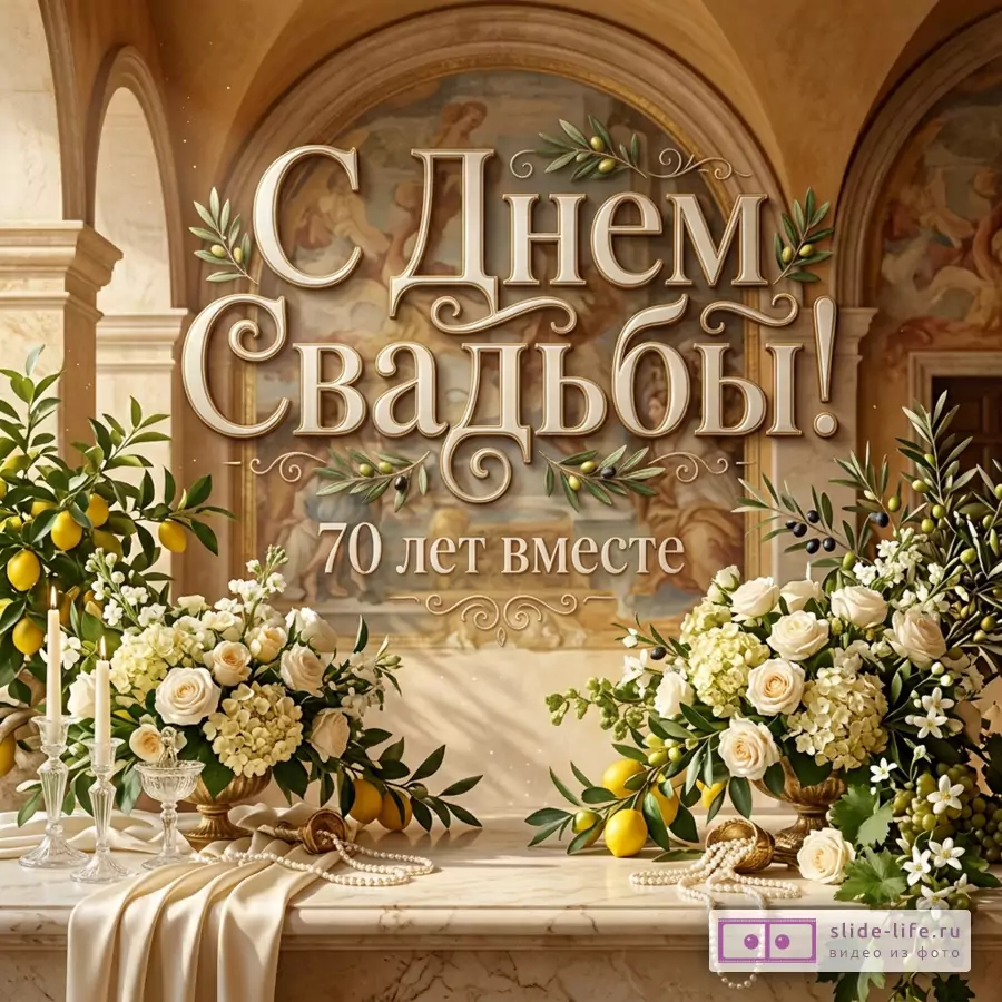 Бежевая открытка с арками и фреской, крупная надпись «С Днем Свадьбы! 70 лет вместе», белые цветы, оливковые ветви, лимоны, свечи, жемчуг