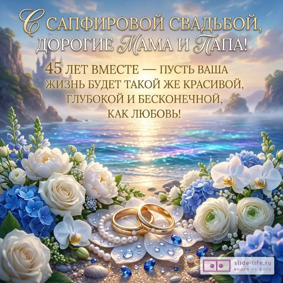 Морской закат, синие и белые цветы, кольца и жемчуг; текст «С сапфировой свадьбой, дорогие мама и папа! 45 лет вместе»