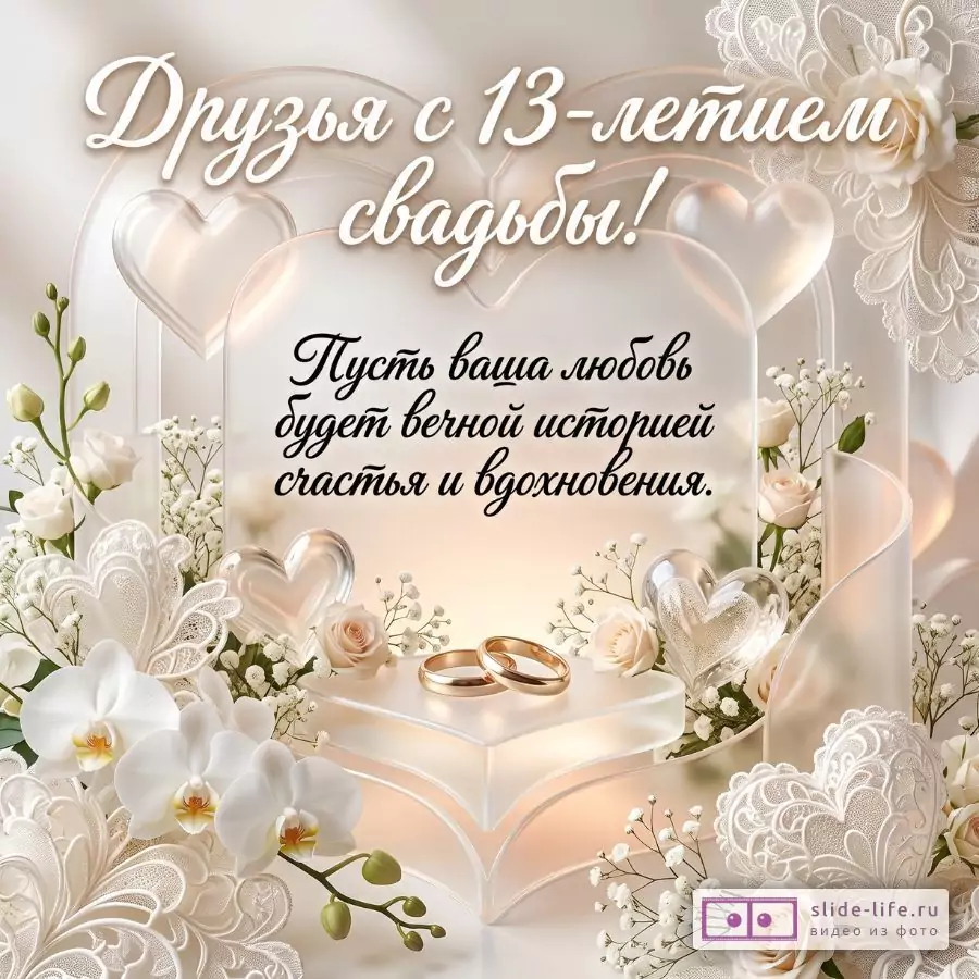 С Кружевной свадьбой 13 лет, дорогие друзья — душевная открытка с поздравлением