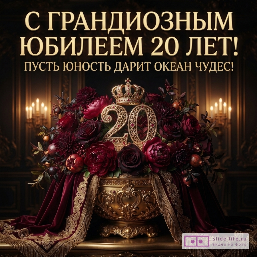 Открытка с золотыми буквами на черном фоне, надпись «С ГРАНДИОЗНЫМ ЮБИЛЕЕМ 20 ЛЕТ! ПУСТЬ ЮНОСТЬ ДАРИТ ОКЕАН ЧУДЕС!». Внизу золотая ваза с бордовыми цветами, гранатами и золотой цифрой 20 с короной.