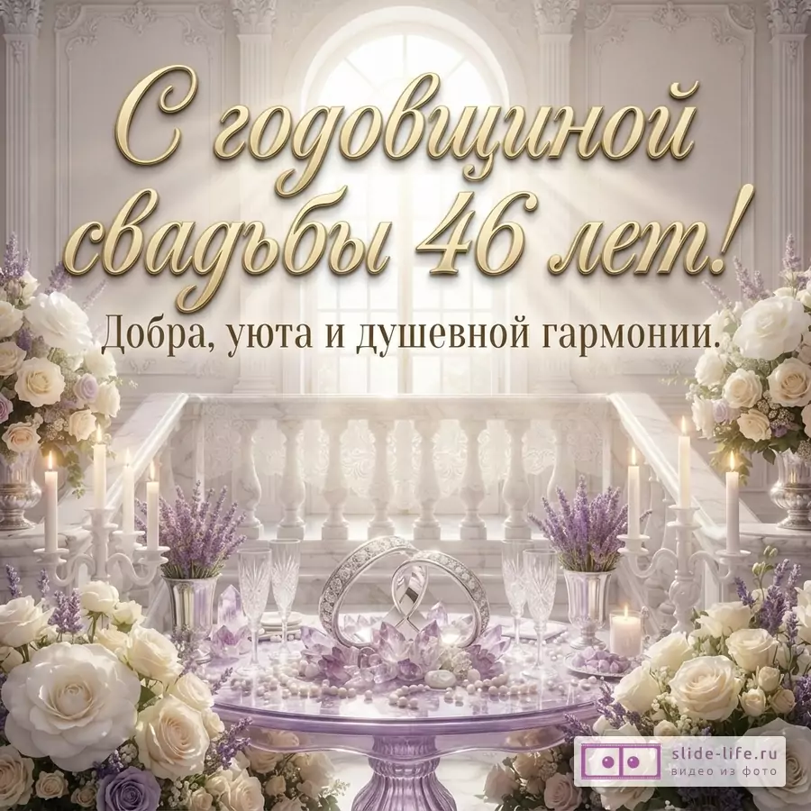 Открытка с белым фоном, золотыми буквами, белыми и сиреневыми цветами, свечами, обручальными кольцами. Надпись «С годовщиной свадьбы 46 лет! Добра, уюта и душевной гармонии.»