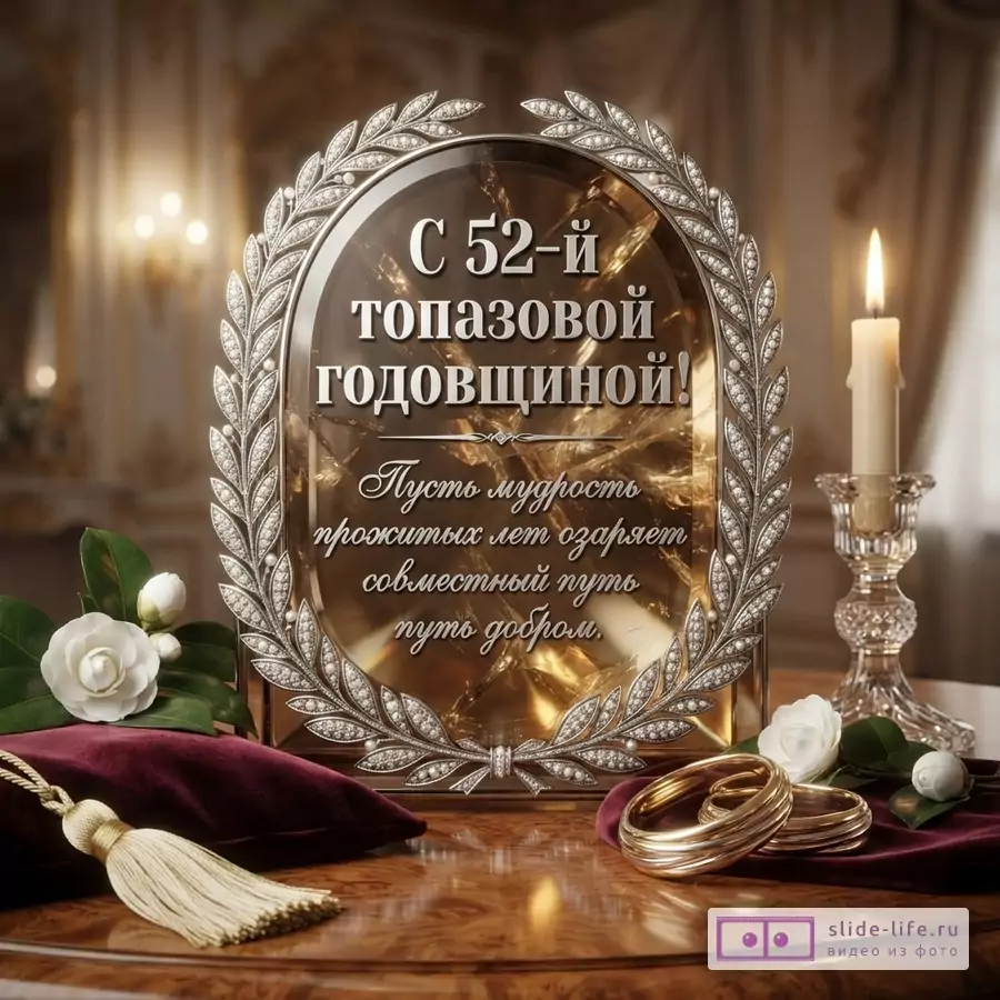 Коричневый фон, золотисто-бежевый интерьер. В центре рамка в виде лаврового венка с бриллиантами. Внутри рамки текст «С 52-й топазовой годовщиной! Пусть мудрость прожитых лет озаряет совместный путь путь добром.». Справа свеча в подсвечнике, слева белые цветы, золотая кисть на бордовой подушке, золотые кольца на бордовой ткани.