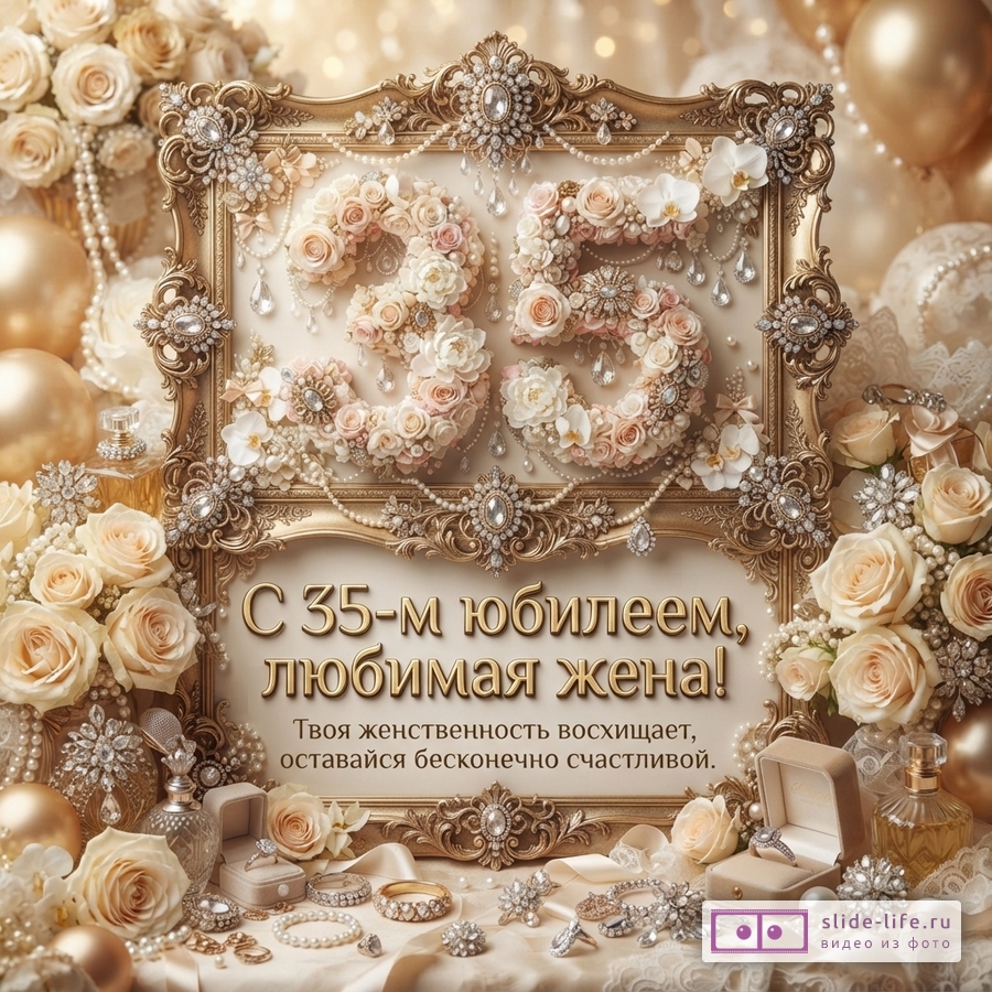 Золотистая открытка с рамкой, украшенной жемчугом и стразами, на бежевом фоне. В центре рамки цифры «35» из розовых и белых роз. Внизу текст: «С 35-м юбилеем, любимая жена! Твоя женственность восхищает, оставайся бесконечно счастливой.»