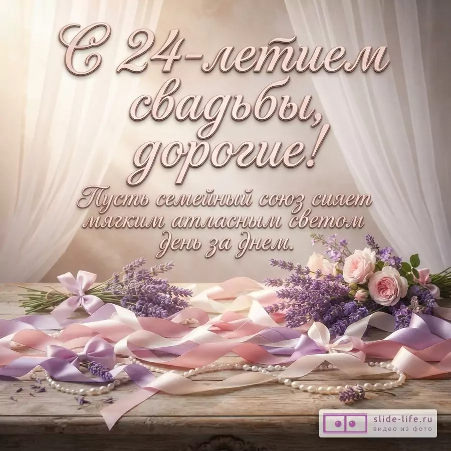 Шелковые ленты, жемчуг, лаванда и розы на деревянном столе с надписью «С 24-летием свадьбы, дорогие! Пусть семейный союз сияет мягким атласным светом день за днем.»