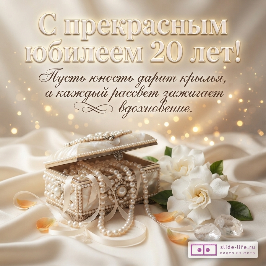 Бежевый фон с мягким свечением, текст «С прекрасным юбилеем 20 лет! Пусть юность дарит крылья, а каждый рассвет зажигает вдохновение.»; внизу шкатулка с жемчугом и белые цветы.