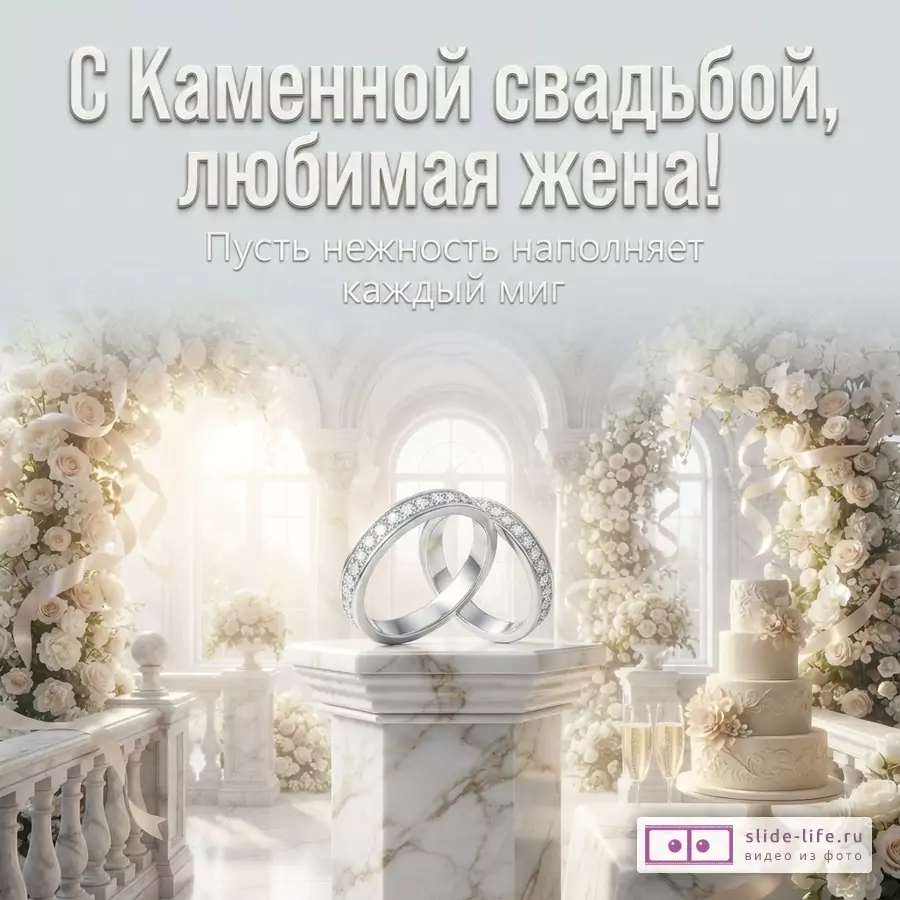 Светлый фон с белыми цветами и арками. В центре два обручальных кольца на мраморной подставке. Справа свадебный торт и два бокала шампанского. Текст: «С Каменной свадьбой, любимая жена! Пусть нежность наполняет каждый миг»