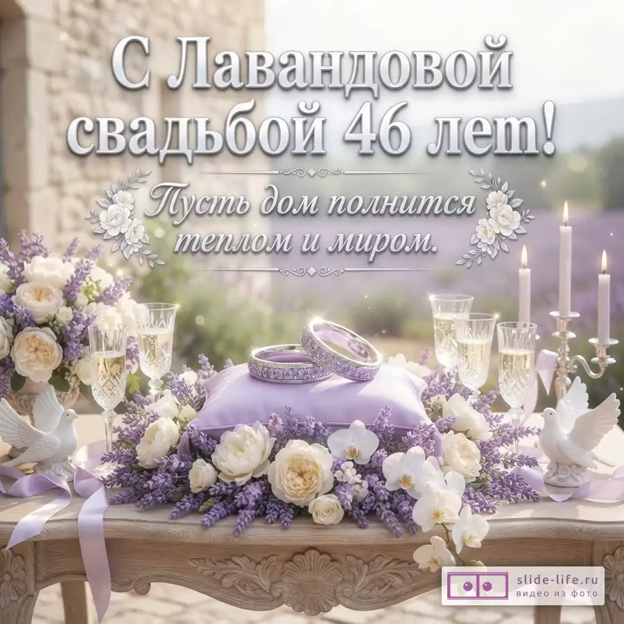 Открытка с лавандовым фоном, на переднем плане стол с цветами лаванды, белыми розами, орхидеями, двумя бокалами шампанского, двумя обручальными кольцами на лавандовой подушечке, двумя белыми голубями и подсвечником с горящими свечами. Текст: «С Лавандовой свадьбой 46 лет! Пусть дом полнится теплом и миром.»