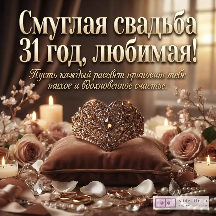 Бежево-коричневая открытка с текстом «Смуглая свадьба 31 год, любимая! Пусть каждый рассвет приносит тебе тихое и вдохновенное счастье». Свечи, розы, кольца, жемчуг, декоративное сердце на бархатной подушке.
