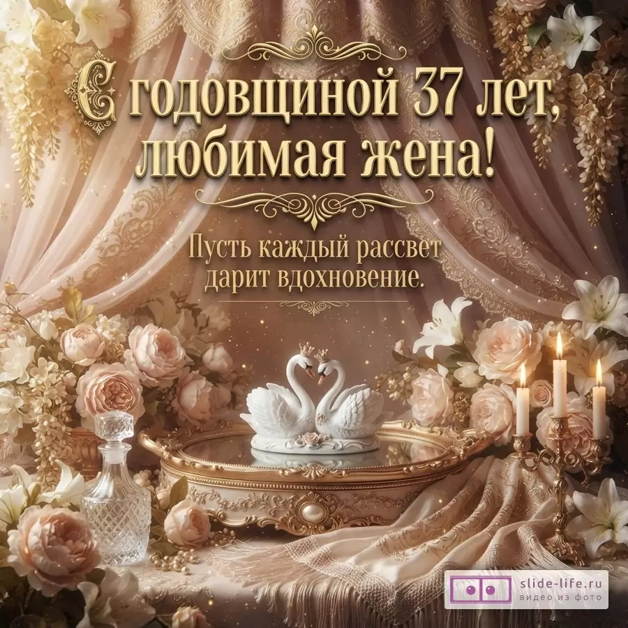 Бежевый фон, золотистые шторы, цветы, свечи, статуэтки лебедей. Текст: «С годовщиной 37 лет, любимая жена! Пусть каждый рассвет дарит вдохновение.»