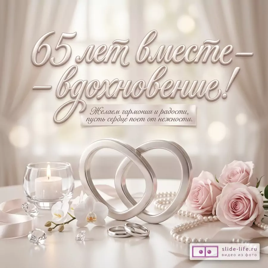 Светлый бежево-кремовый фон с драпировкой, свеча в стеклянном подсвечнике, два переплетенных кольца, обручальные кольца, белые орхидеи, розовые розы, жемчуг, текст «65 лет вместе — вдохновение! Желаем гармонии и радости, пусть сердце поет от нежности.»