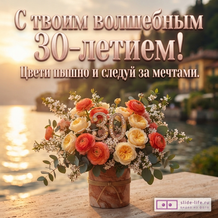 Букет роз и ранункулюсов в вазе с цифрой 30 на фоне озера на закате, надпись «С твоим волшебным 30-летием! Цвети пышно и следуй за мечтами.»