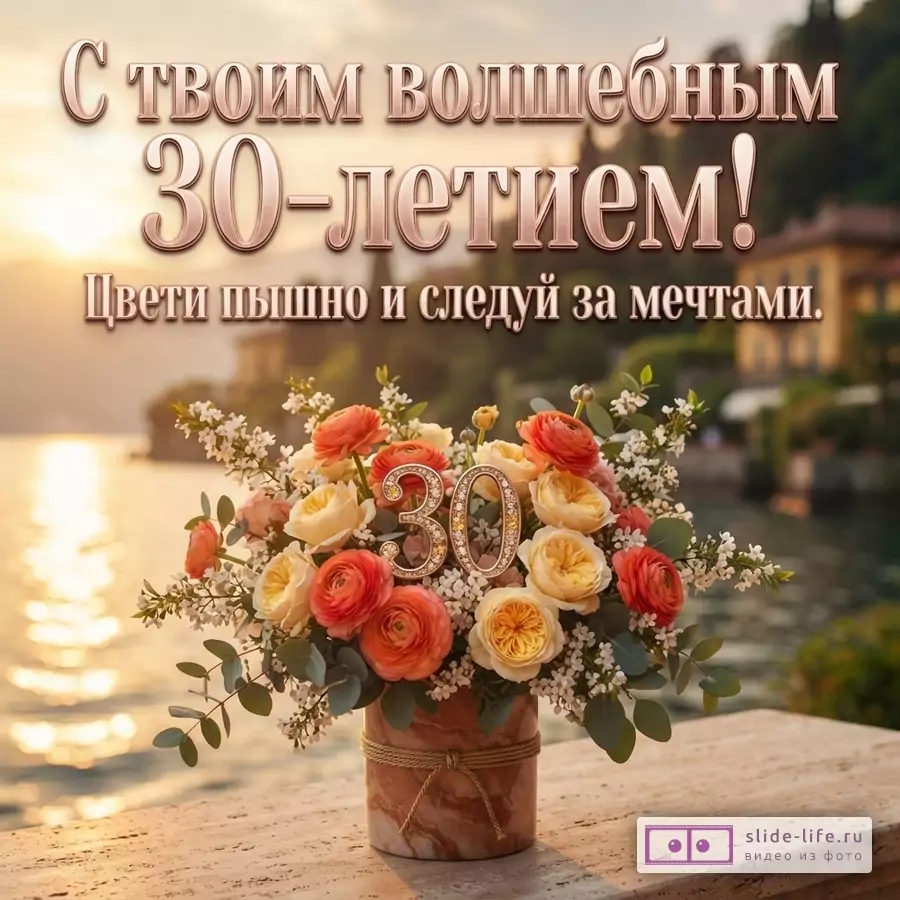 Букет роз и ранункулюсов в вазе с цифрой 30 на фоне озера на закате, надпись «С твоим волшебным 30-летием! Цвети пышно и следуй за мечтами.»