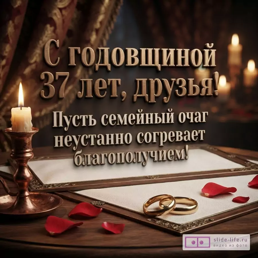 Темный фон, золотистые буквы. Свеча, два золотых кольца, лепестки роз. Текст: «С годовщиной 37 лет, друзья! Пусть семейный очаг неустанно согревает благополучием!»