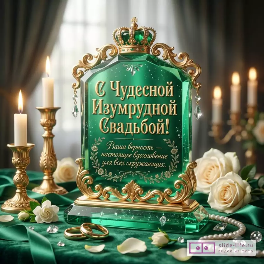 Изумрудная открытка с золотой рамой и короной, текст «С Чудесной Изумрудной Свадьбой! Ваша верность — настоящее вдохновение для всех окружающих.», белые розы, свечи, кольца, жемчуг