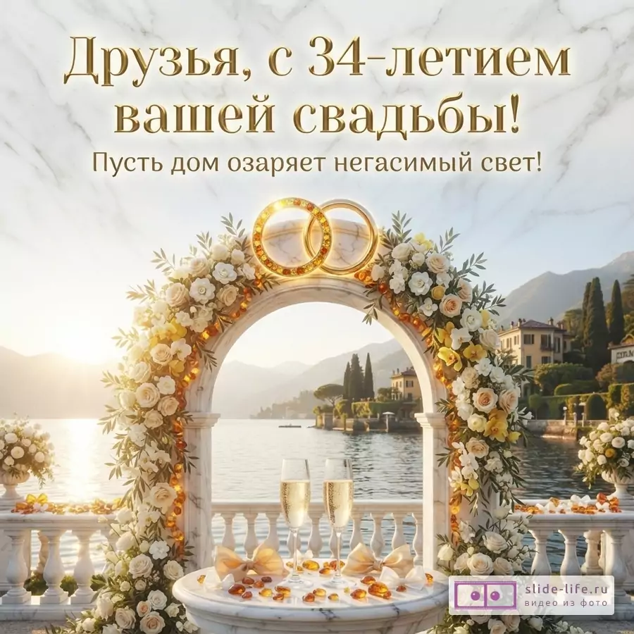 Белый мраморный фон, золотой текст, золотые обручальные кольца, арка из белых и желтых роз, два бокала шампанского, янтарные камни, бантики, озеро, горы, дома. Текст: «Друзья, с 34-летием вашей свадьбы! Пусть дом озаряет негасимый свет!»