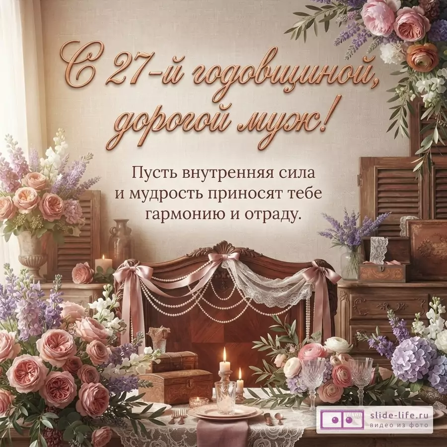 Открытка на бежевом фоне с цветочными композициями по углам. В центре надпись «С 27-й годовщиной, дорогой муж! Пусть внутренняя сила и мудрость приносят тебе гармонию и отраду.»